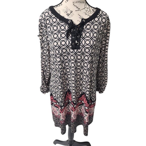 JM Collection Lace-Up Printed Tunic Top Women’s Large Boho Style Black Pink - Picture 1 of 14